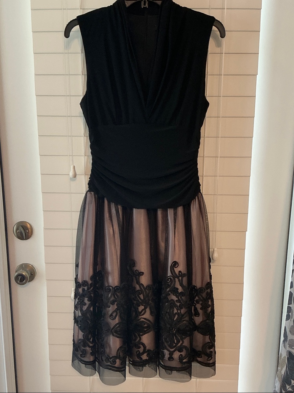 SLNY Black & Pink Sleeveless V-Neck Midi Dress with Embroidered Tulle Skirt